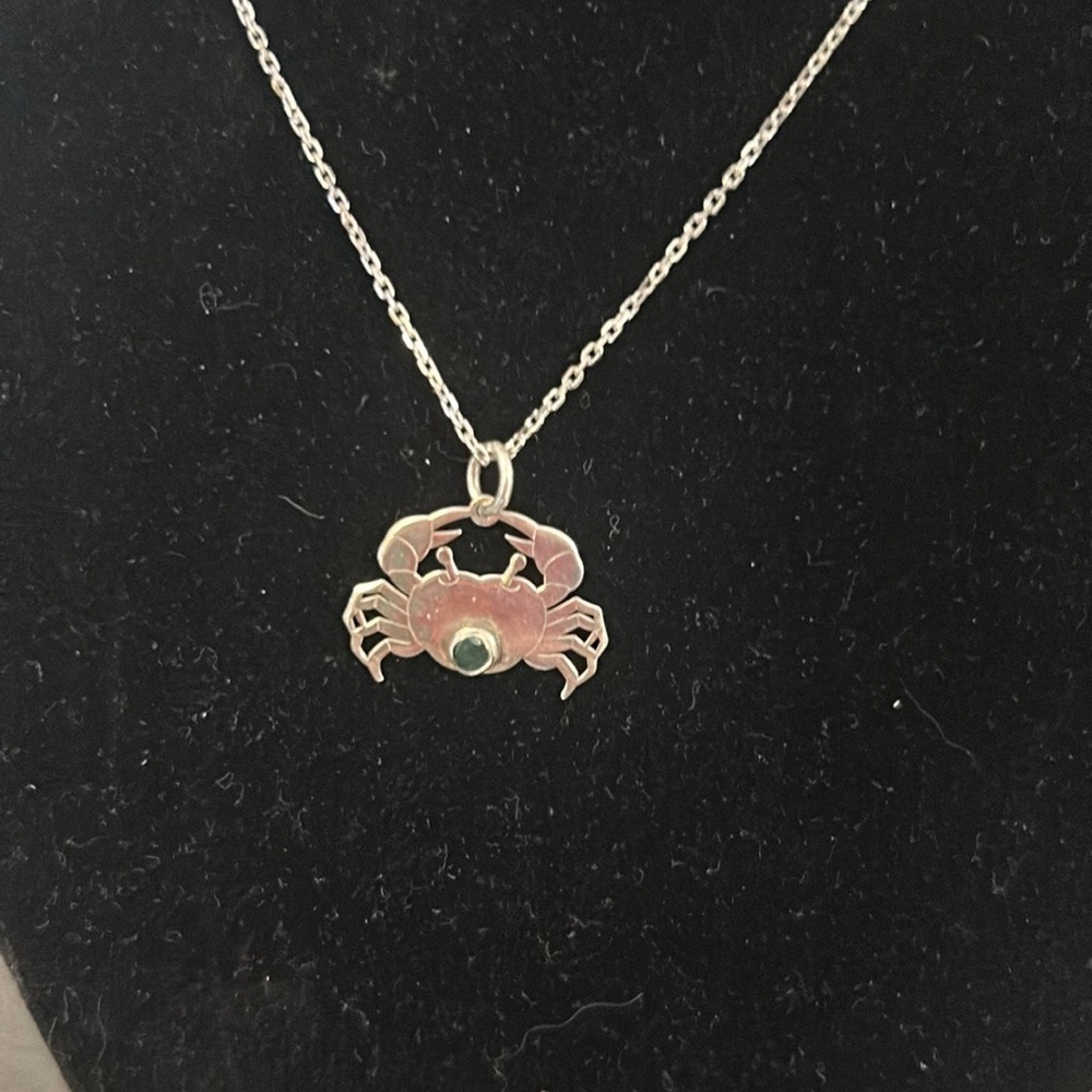 Sterling Silver Necklace and Crab Emerald (tested) Pendant, 16"